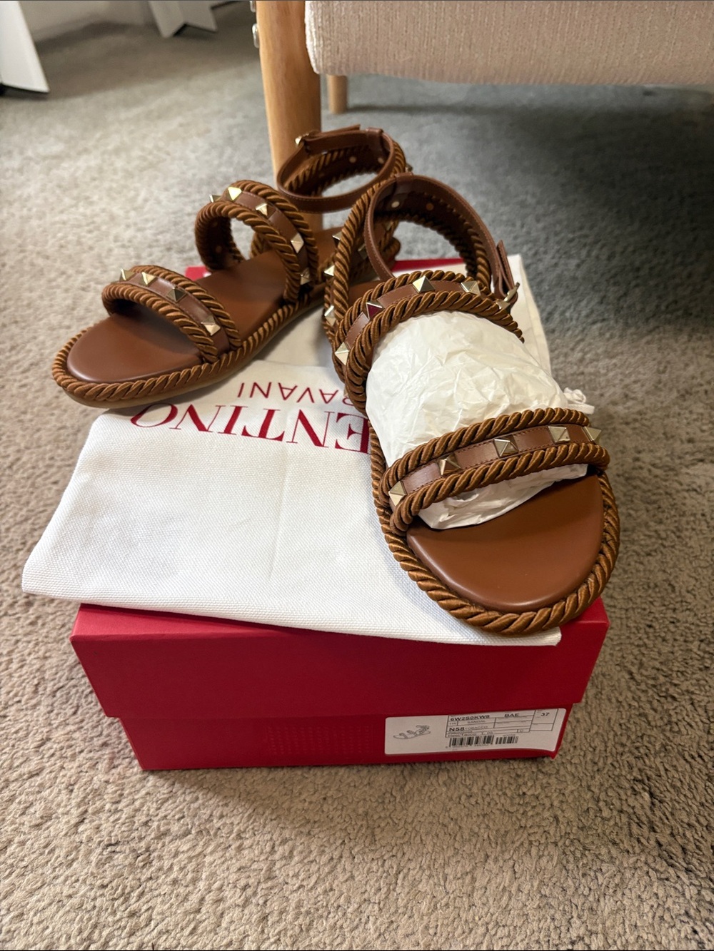 Valentino Brown Braided Rope-Trim Flat Sandals with Gold Studs